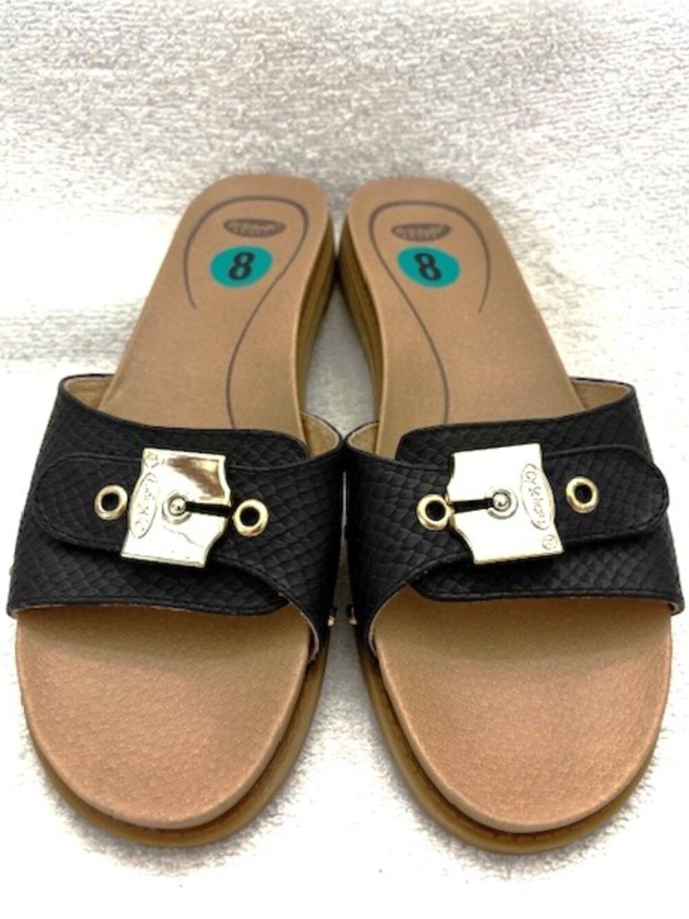 Dr Scholl's Original Slide on sandals in black faux snakeskin Size 9